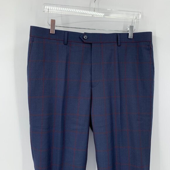 Zanetti Porto Suit navy pants wool trousers flat front unhemmed check new 38 - Picture 2 of 5